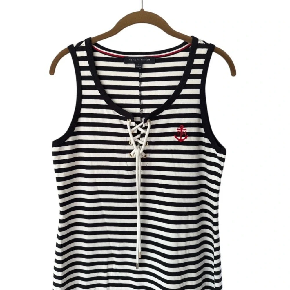 Tommy Hilfiger Navy Blue White Striped Maxi Dress Tank Dress Cotton Nautical Sm